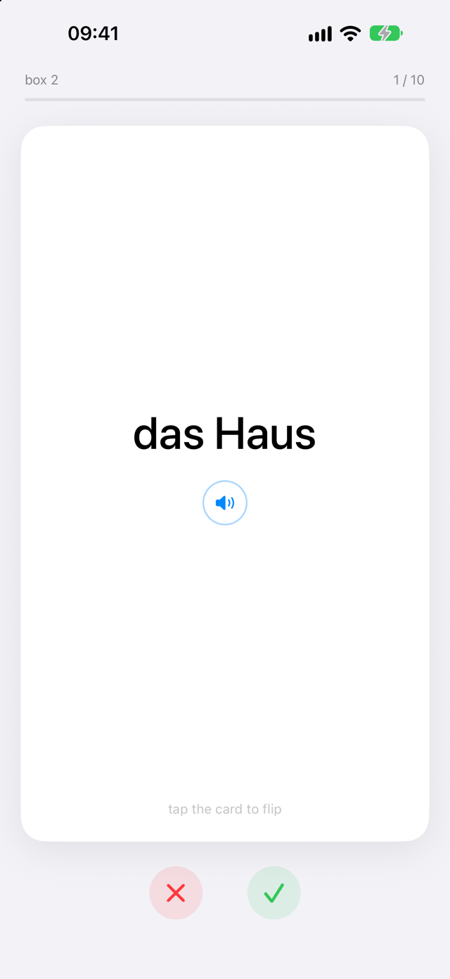 A card showing the German word 'das Haus', waiting to be flipped.