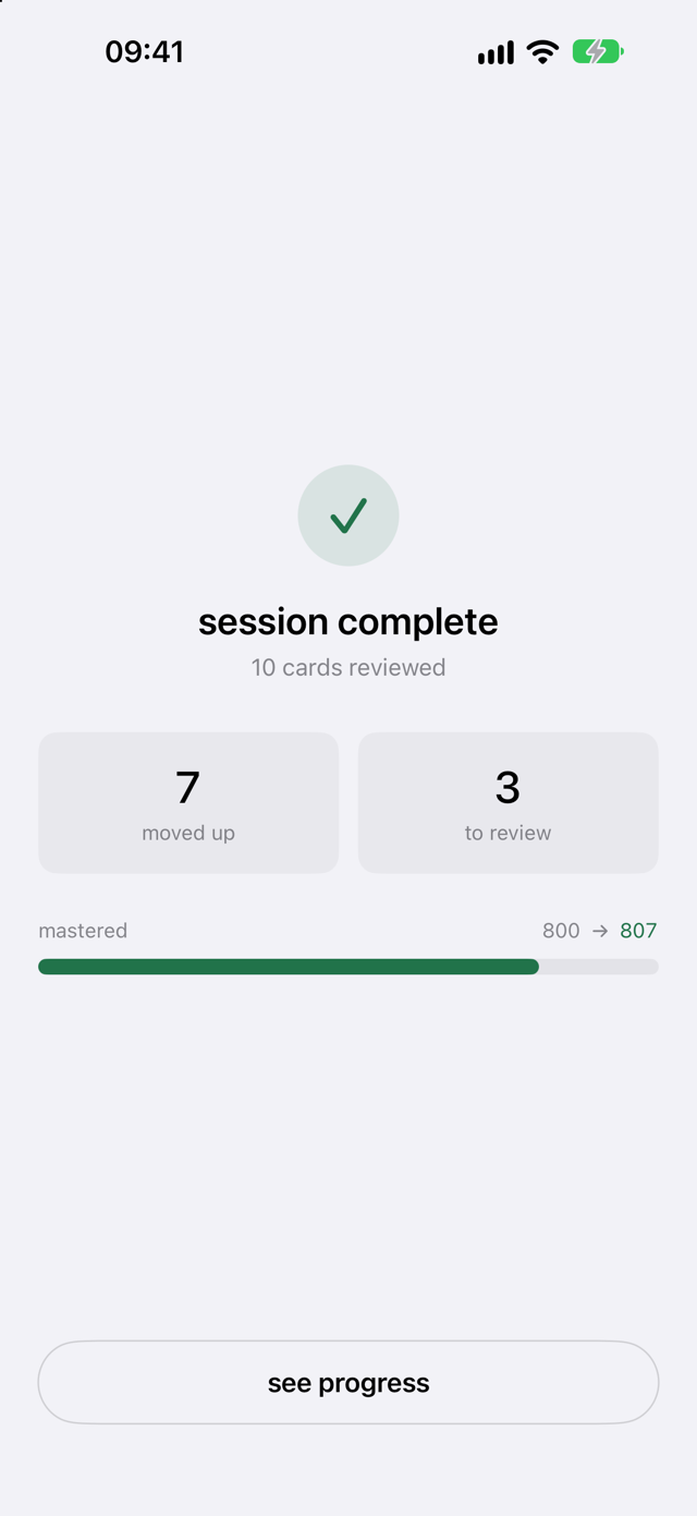 The session-end screen: 10 cards reviewed, 7 moved up, mastered count rising from 800 to 807.